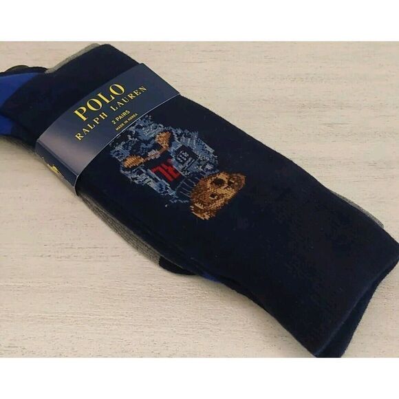 Polo Ralph Lauren Mens Crew Socks Signature Polo Bear Navy Blue Gray Sz 10-13 - Picture 4 of 8